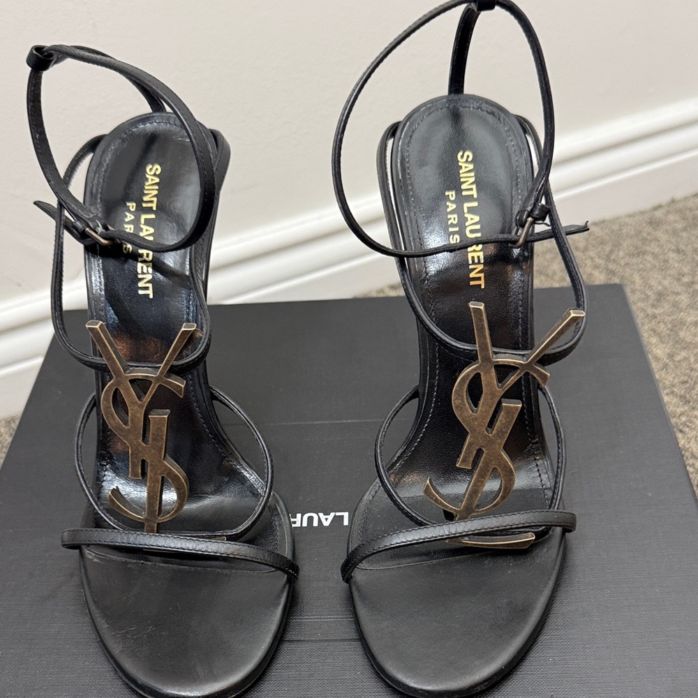 Saint Laurent CASSANDRA Black Strappy Heeled Sandals with Gold YSL size 38.5 - Picture 5 of 11